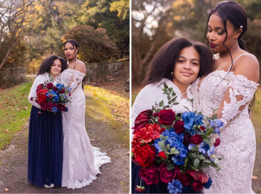 Portraits of a child and parent on their wedding day.