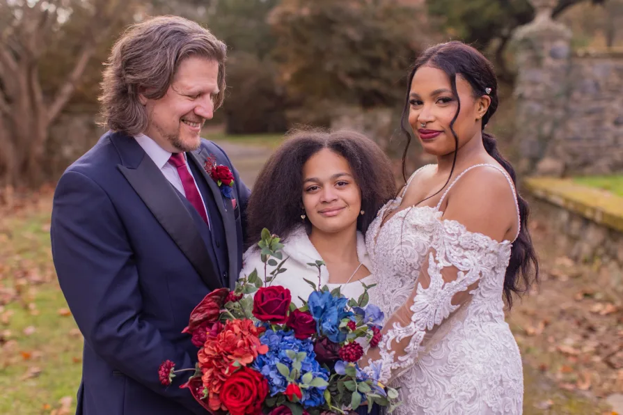 Portraits of a child and parent on their wedding day.