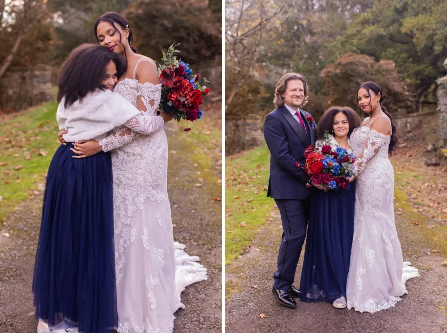 Portraits of a child and parent on their wedding day.