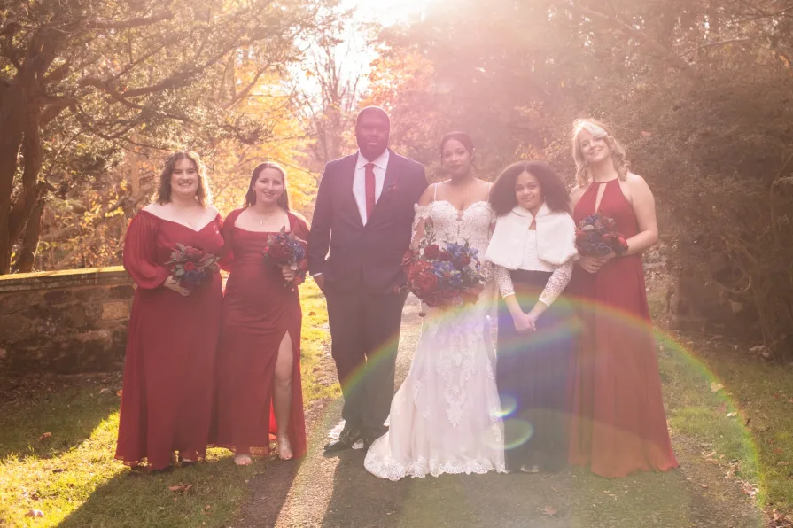 A wedding party backlit at a wedding venue in the Philadelphia suburbs.