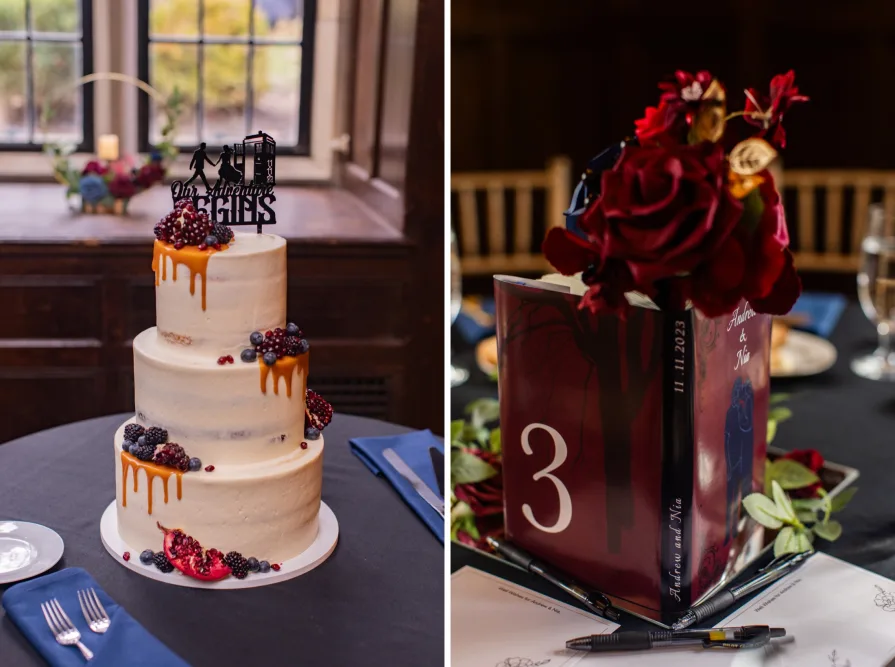 Wedding details at a reception with a personalized book with the couple's name.