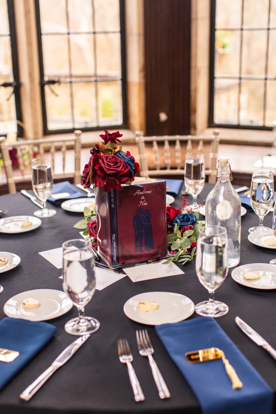 Wedding details at a reception with a personalized book with the couple's name.
