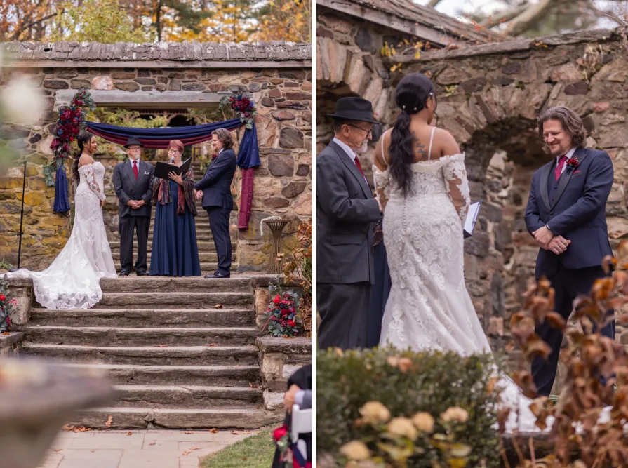 A fall wedding ceremony at Parque at Ridley Creek State Park.
