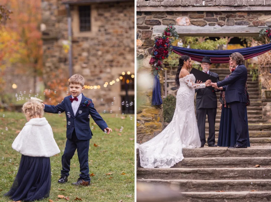 A fall wedding ceremony at Parque at Ridley Creek State Park.
