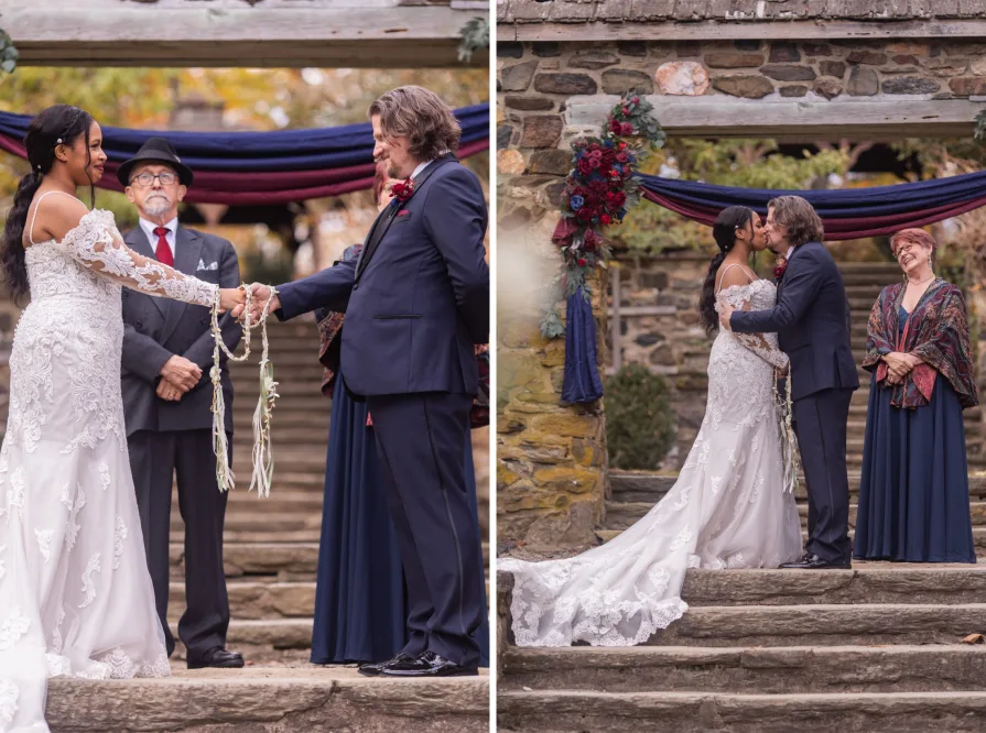 A fall wedding ceremony at Parque at Ridley Creek State Park.
