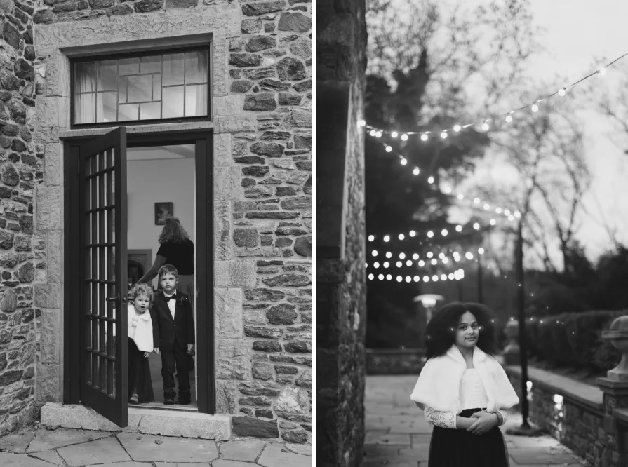 Black and white photos of children at a wedding reception.