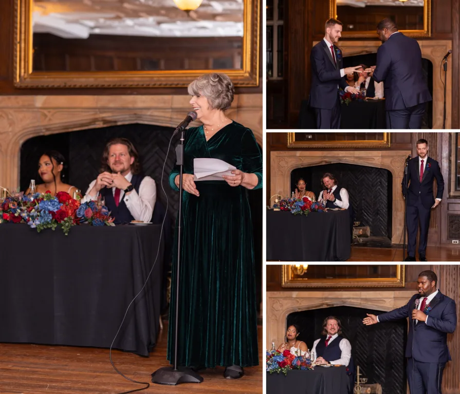 Toasts at a wedding reception from important people in the couple's lives.