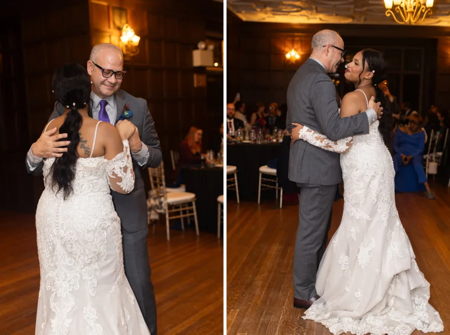 A father daughter dance at a wedding reception.