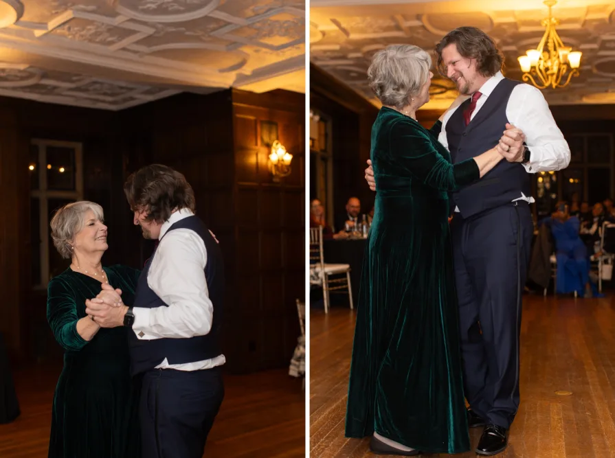 A mother son dance at a wedding reception.