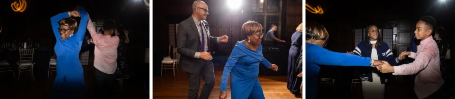 Wedding reception photos of couples smiling and dancing at a venue in the Philadelphia suburbs.