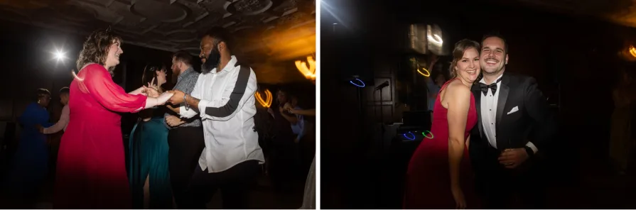 Photos of guests at a wedding reception with a shutter drag.