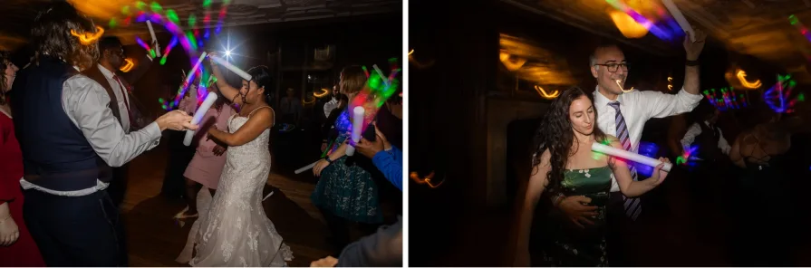 Photos of guests with glow sticks at a wedding reception with a shutter drag.