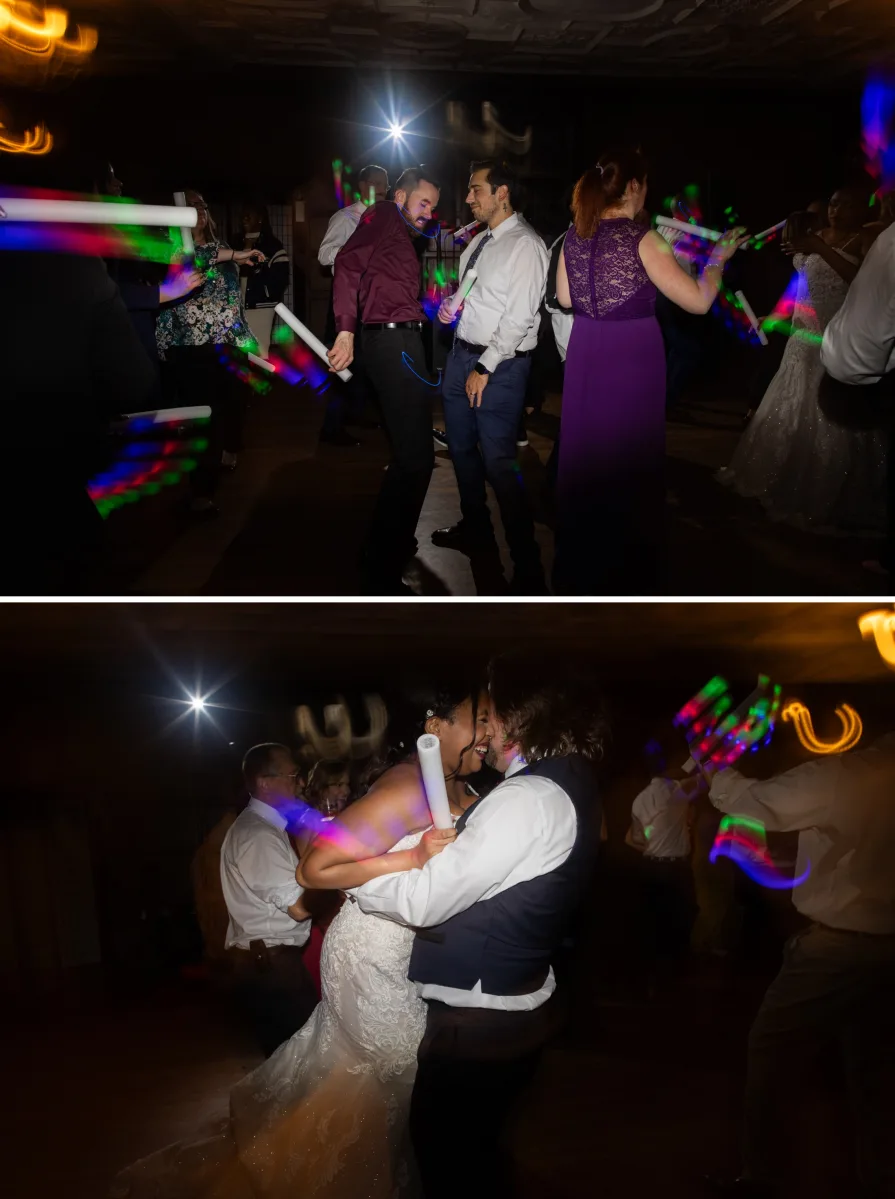 Photos of guests with glow sticks at a wedding reception with a shutter drag.