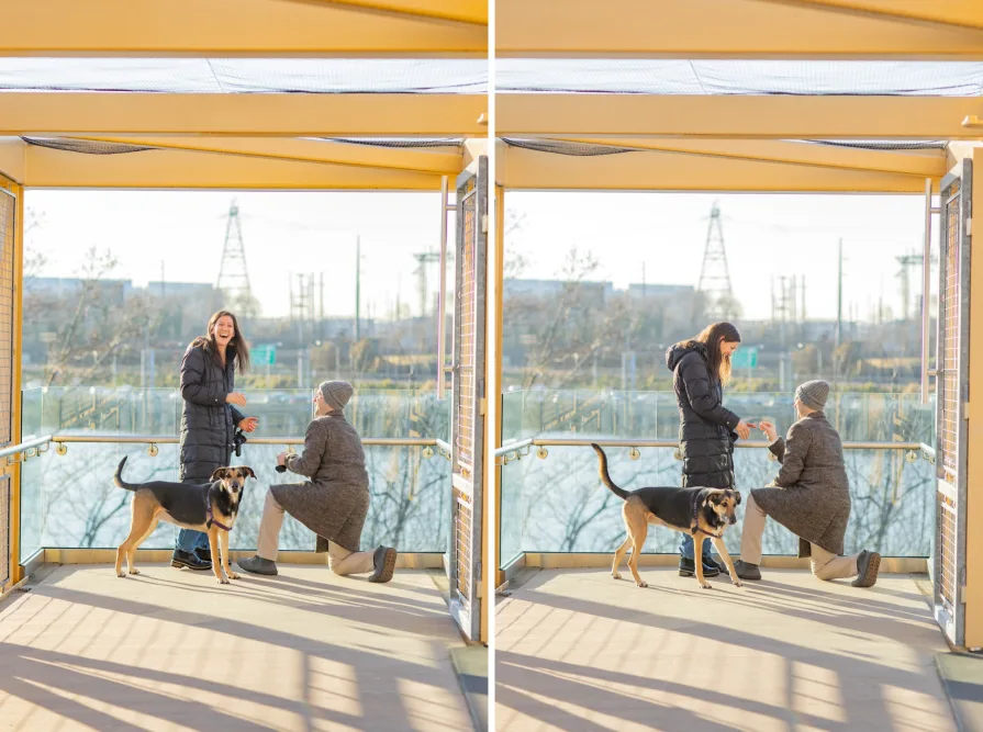 A man proposes to his girlfriend at the end of a bridge near the Schuylkill River.