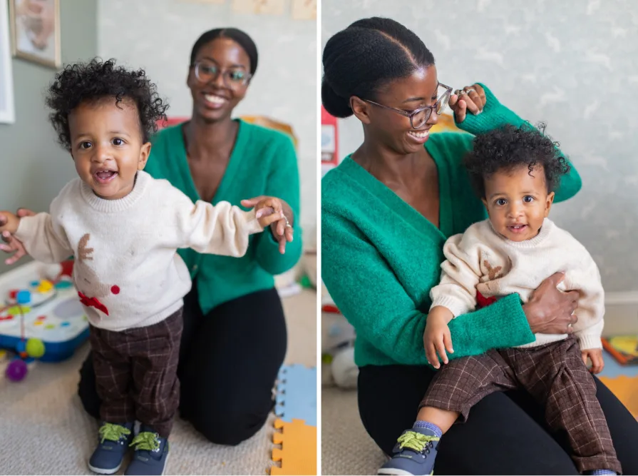 A mother and her one-year-old child in their play area.