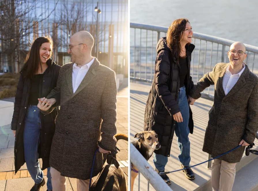 A couple walking with their dog after getting engaged in Philadelphia.