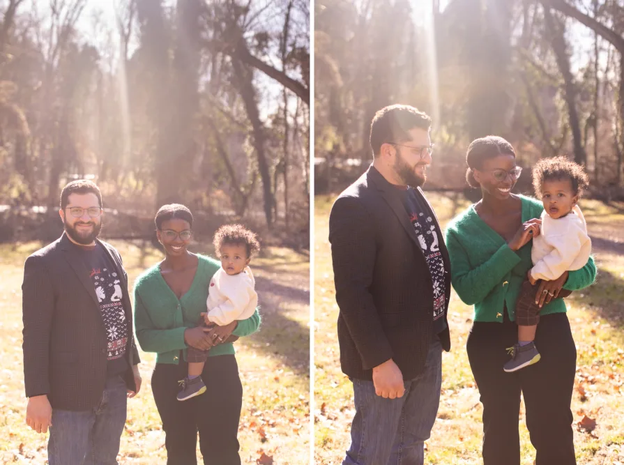 A family of three in their backyard in the Philadelphia suburbs for their family photo session.