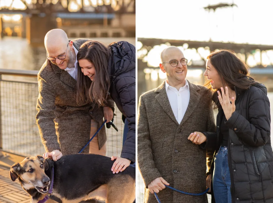 A couple walking with their dog near Schuylkill River Trail after getting engaged in Philadelphia.