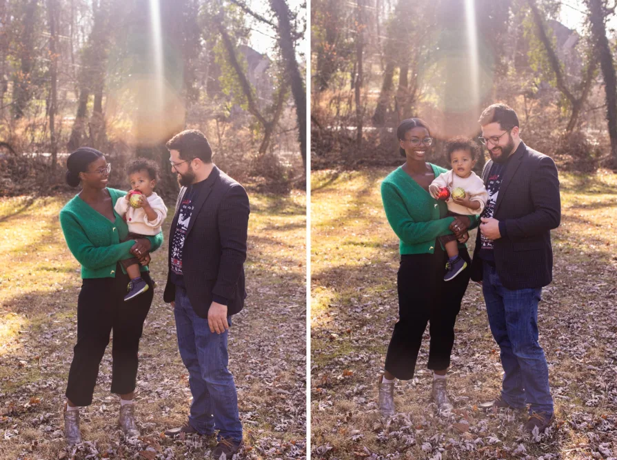 An interracial family of three in their backyard during a family photo session.
