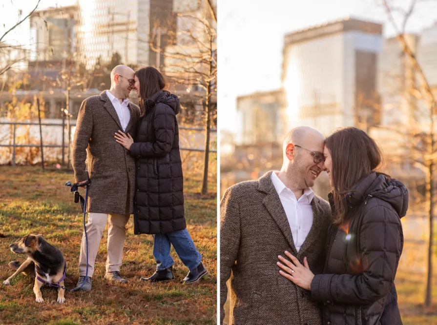 A couple walking with their dog near Schuylkill River Trail after getting engaged in Philadelphia.