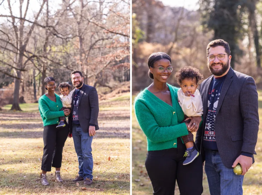 An interracial family of three in their backyard during a family photo session.