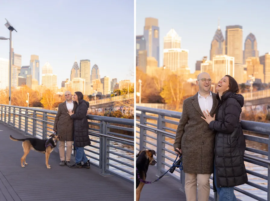 A couple walking with their dog near Schuylkill River Trail after getting engaged in Philadelphia.