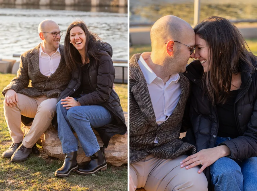 A couple walking with their dog near Schuylkill River Trail after getting engaged in Philadelphia.