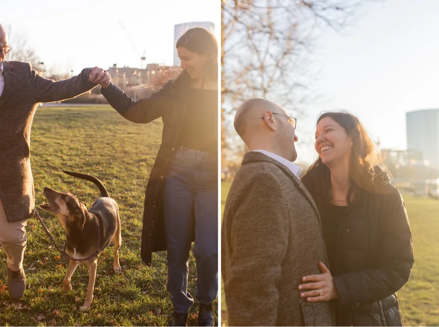 A sunset engagement session after a surprise proposal photography session in Philadelphia.