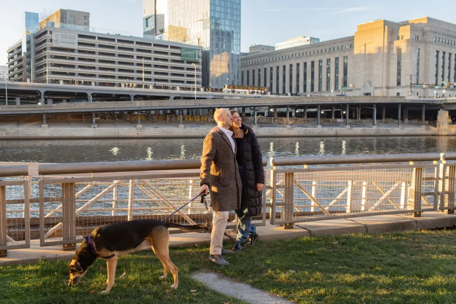A sunset engagement session after a surprise proposal photography session in Philadelphia.