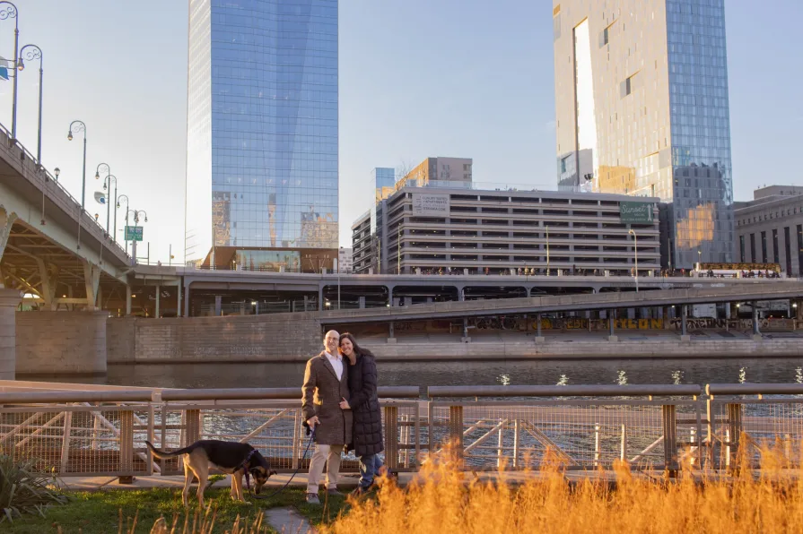 A sunset engagement session after a surprise proposal photography session in Philadelphia.