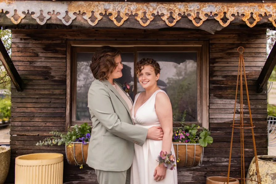 Wedding photos at Terrain at Styer's with a queer couple.