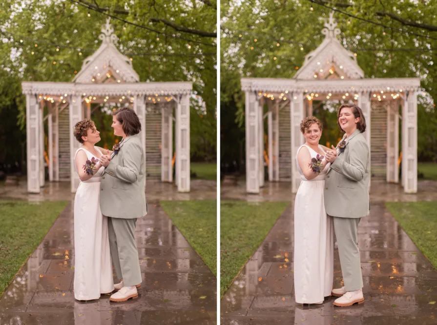Queer marriers dance outside in the rain at Terrain at Styer's in Glen Mills for their wedding photos.