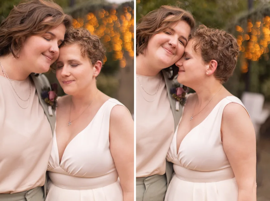Queer marriers dance outside in the rain at Terrain at Styer's in Glen Mills for their wedding photos.