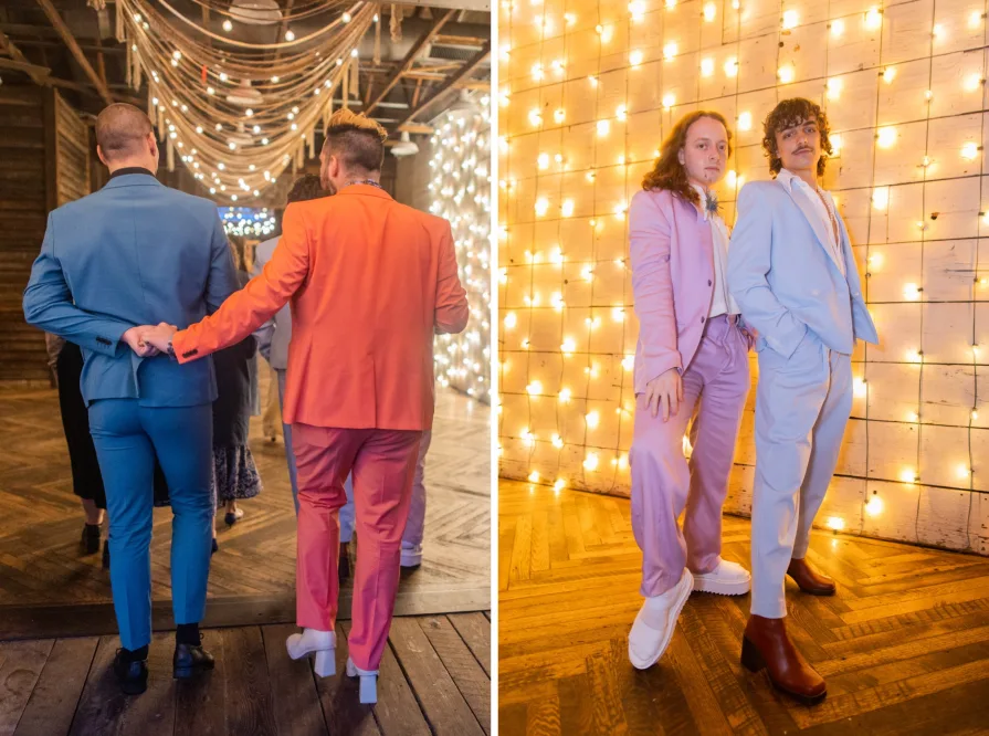 Wedding guests celebrating a queer couple at Terrain at Styer's.