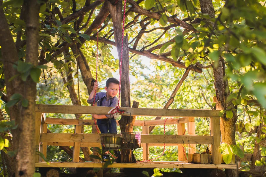A young boy pulls a bucket up in a rope to his treehouse.