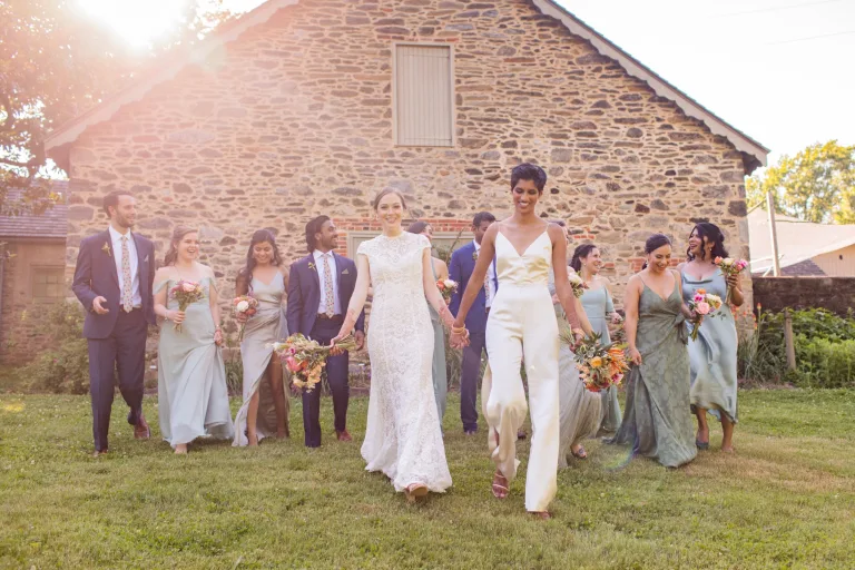 Wedding party photos at Bartram's Garden with an LGBTQ couple.